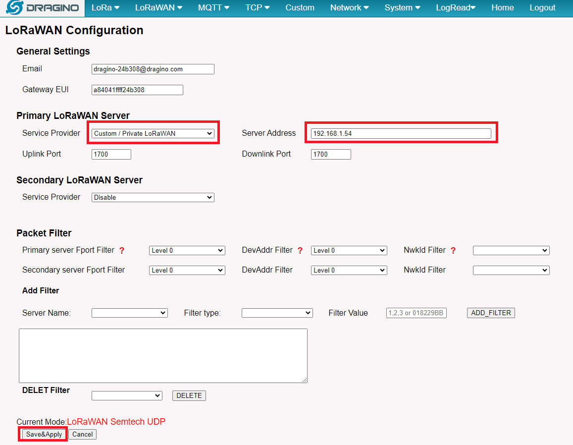ゲートウェイのLoRaWAN設定_SemtechUDP